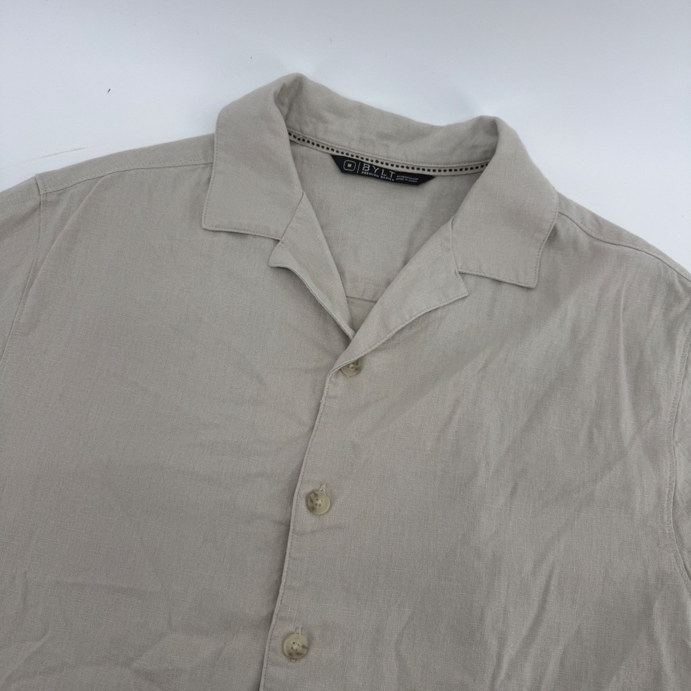 BYLT Premium Basics Mens Medium Linen Blend Camp Collar Short Sleeve Shirt Tan